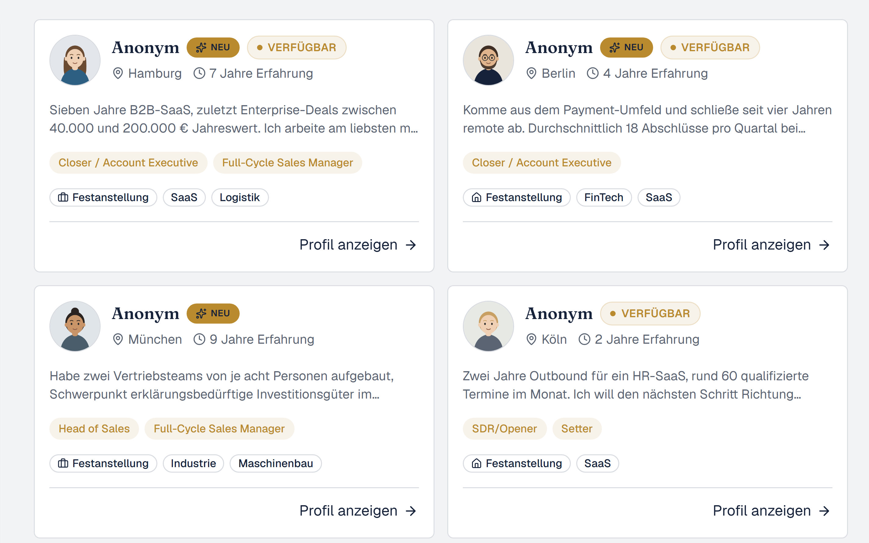 Suchliste mit anonymisierten Vertriebler-Karten